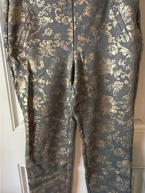 Chico's Gray pants with Gold Metallic Scroll Pattern